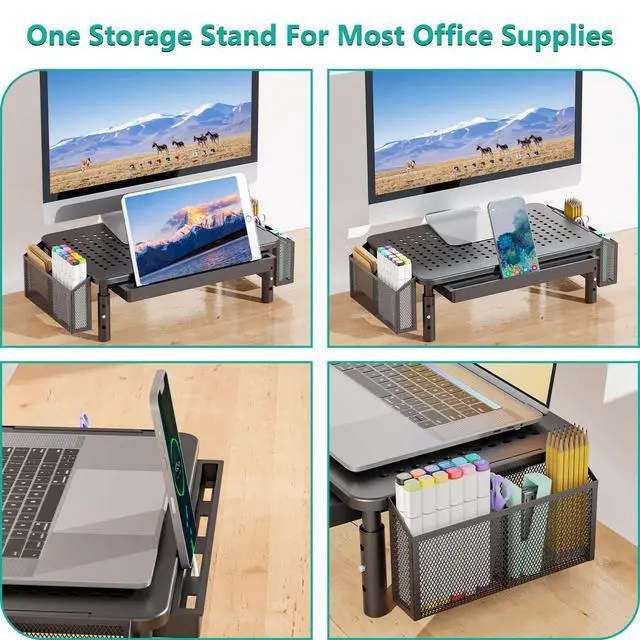 Alt view image 4 of 5 - WALI Computer Monitor Stand with Storage, Desk Organizer with Drawer and Pen Holder, Desk Monitor Riser 3 Height Adjustable, Laptop Riser for Computer, Laptop, Printer (STT003DH-B), 1 Pack, Black