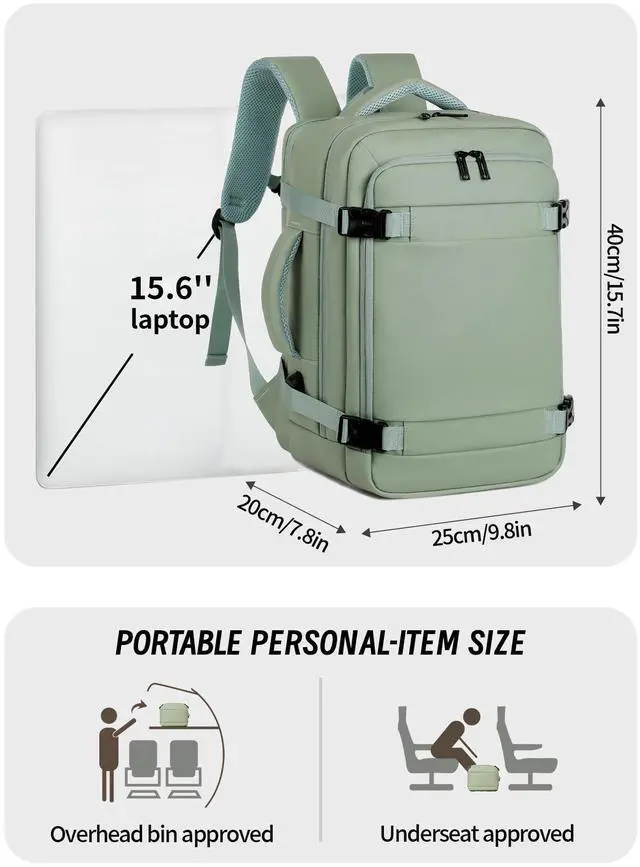 Alt view image 4 of 5 - JZBWQY Travel Backpack with USB Port, Water-Resistant, Fits 15.6" Laptop, Airplane Carry-On Backpack for Unisex (Green)