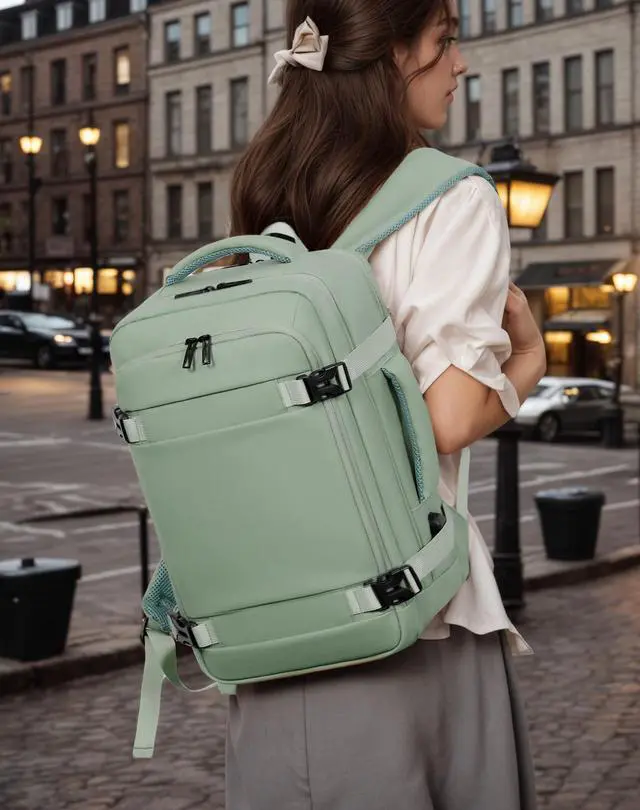 Alt view image 2 of 5 - JZBWQY Travel Backpack with USB Port, Water-Resistant, Fits 15.6" Laptop, Airplane Carry-On Backpack for Unisex (Green)