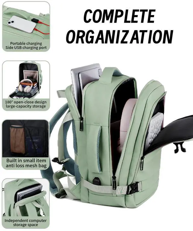 Alt view image 5 of 5 - JZBWQY Travel Backpack with USB Port, Water-Resistant, Fits 15.6" Laptop, Airplane Carry-On Backpack for Unisex (Green)