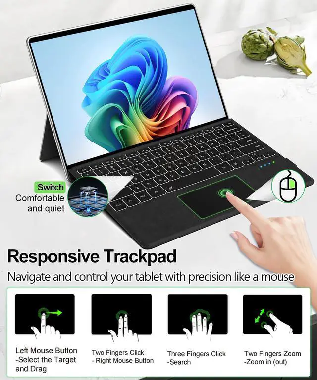 Alt view image 4 of 5 - Xotauoeu Surface Pro Keyboard for Pro 11/10/9/8/X 13 Inch, Wireless Bluetooth Surface Keyboard with 12 Gesture Touchpad, 7 Colors Backlit, Smart Sleep/Wake, Rechargeable Battery& USB-C Charging