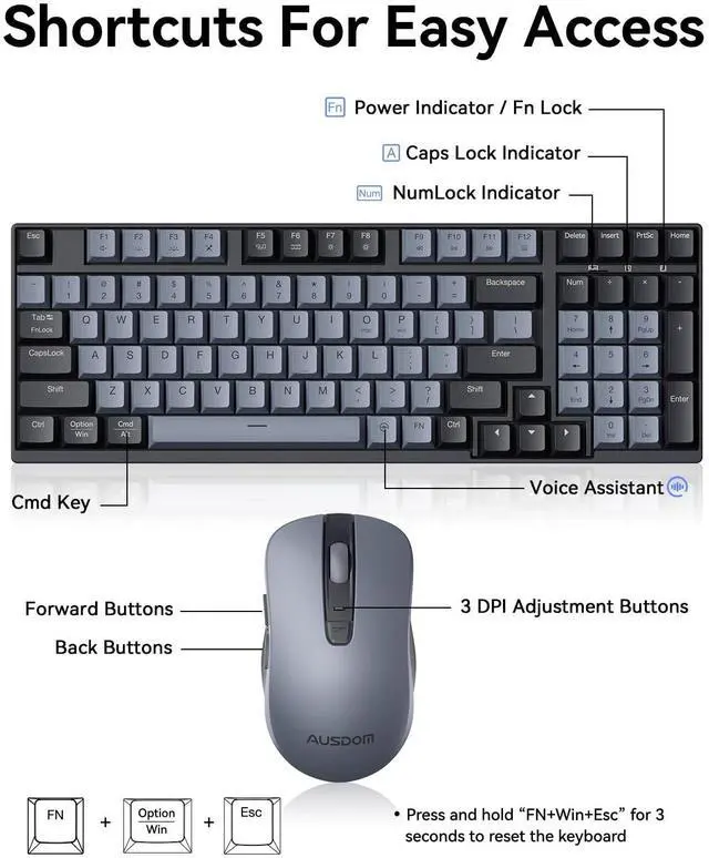 Alt view image 4 of 5 - AUSDOM Wireless Keyboard and Mouse Combo - 98 Keys Mechanical Feel, 2.4G Silent Computer Keyboard & 3 DPI Adjustable Quiet Mouse, Numeric Keypad, Battery-Powered, Plug & Play for PC/Laptop/Windows/Mac