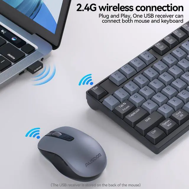 Alt view image 2 of 5 - AUSDOM Wireless Keyboard and Mouse Combo - 98 Keys Mechanical Feel, 2.4G Silent Computer Keyboard & 3 DPI Adjustable Quiet Mouse, Numeric Keypad, Battery-Powered, Plug & Play for PC/Laptop/Windows/Mac
