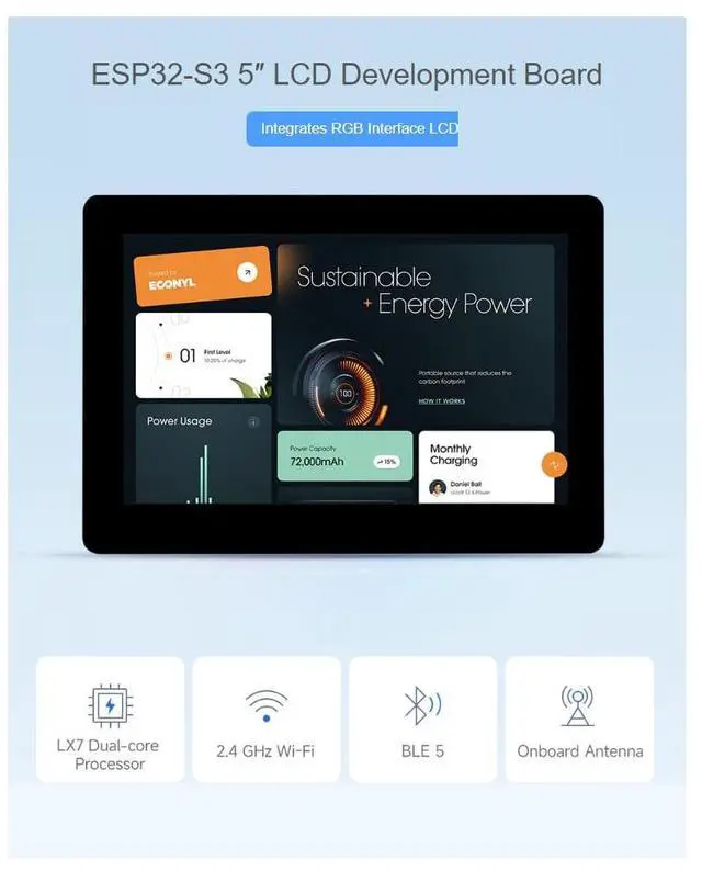 Alt view image 2 of 5 - waveshare ESP32-S3 5inch Display LCD Development Board 800×480 Solution IPS Display with 2.4GHz WiFi and BLE 5 Support,32-bit LX7 Dual-core Processor