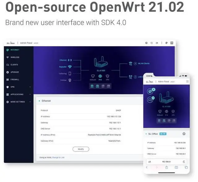 Alt view image 4 of 5 - GL.iNet GL-A1300 (Slate Plus) Wireless VPN Encrypted Travel Router & GL-AR300M16-Ext Portable Mini Travel Wireless Pocket Router