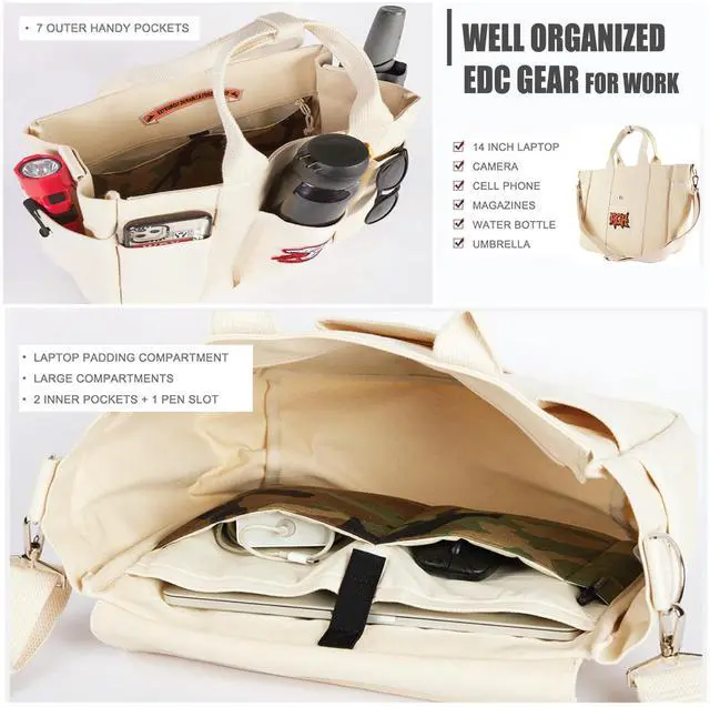 Alt view image 2 of 5 - Rough Enough Crossbody Laptop Tote Bag for Women Men Heavy Duty 20 oz Canvas Work Tote 27L Large Capacity Padded 14 Inch Laptop Compartment Travel Business