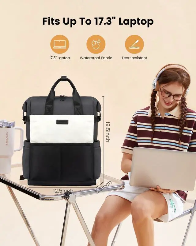 Alt view image 4 of 5 - LOVEVOOK Laptop Backpack for Women, 17.3 Inch Work Travel Backpack Purse for School College Bookbag for Teen Girls Waterproof Computer Bag for Teacher Nurse Business, Black-Beige-Grey