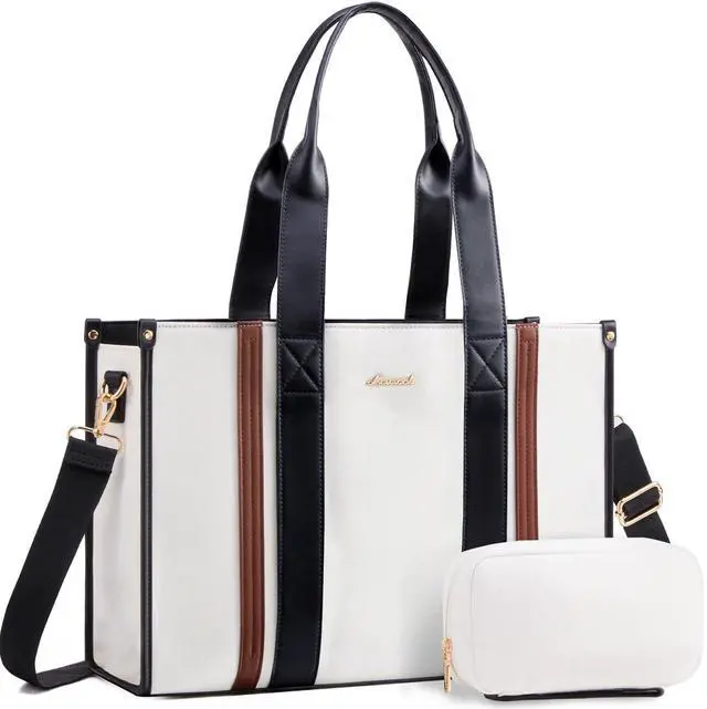 Main image of LOVEVOOK laptop bag for women 17 inch large canvas work tote bags with Clutch Purse water resistant computer bags for laptops for women Business Office Travel college Casual, Black White Brown