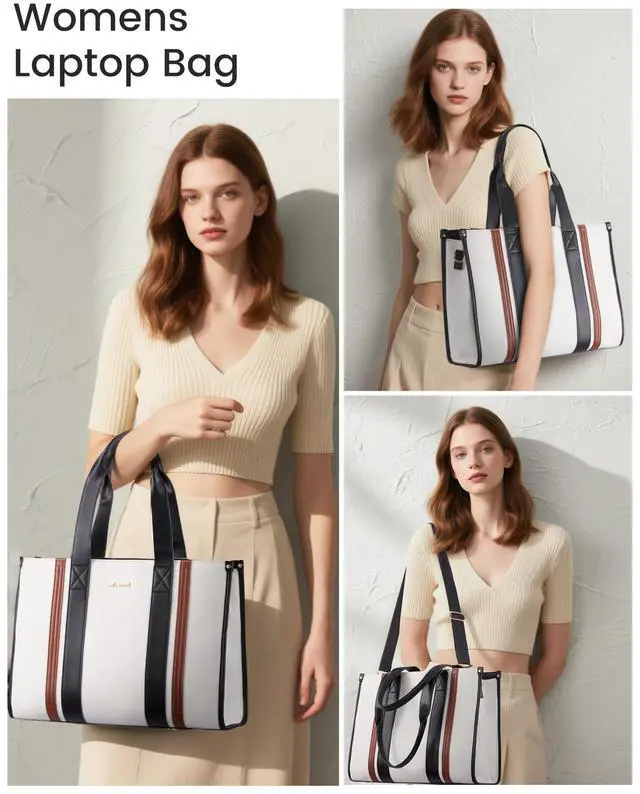 Alt view image 2 of 5 - LOVEVOOK laptop bag for women 17 inch large canvas work tote bags with Clutch Purse water resistant computer bags for laptops for women Business Office Travel college Casual, Black White Brown