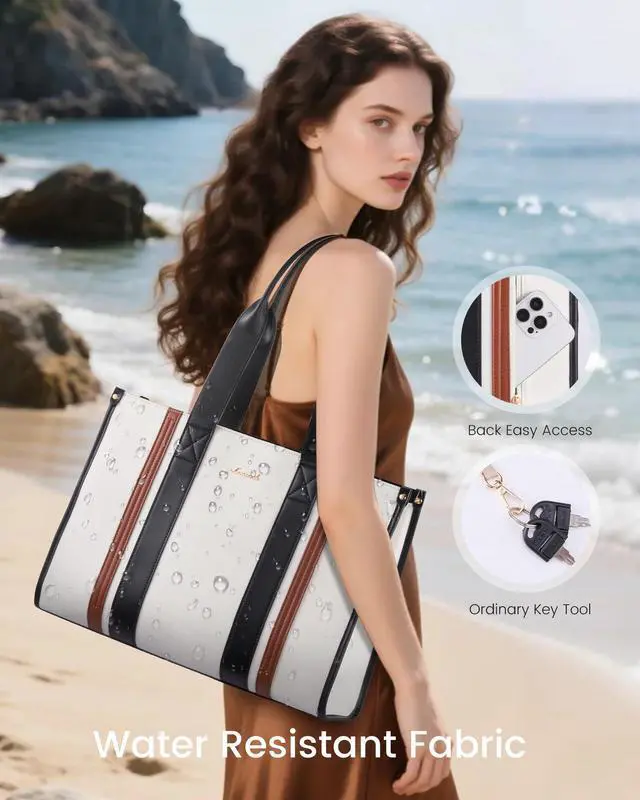 Alt view image 4 of 5 - LOVEVOOK laptop bag for women 17 inch large canvas work tote bags with Clutch Purse water resistant computer bags for laptops for women Business Office Travel college Casual, Black White Brown