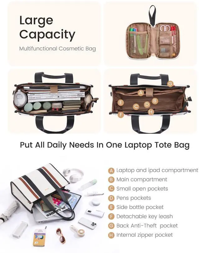 Alt view image 3 of 5 - LOVEVOOK laptop bag for women 17 inch large canvas work tote bags with Clutch Purse water resistant computer bags for laptops for women Business Office Travel college Casual, Black White Brown