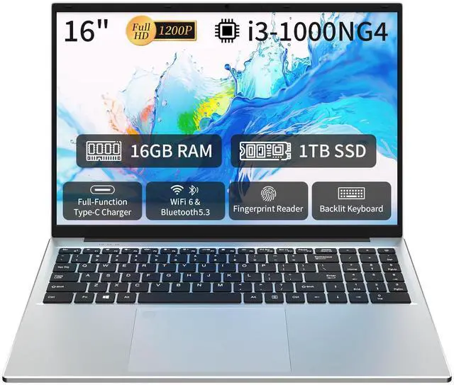 Main image of Auusda 16" Traditional Laptop Computer, i3 Processor 16GB RAM 1TB SSD Silver Laptops Notebook with Backlit Keyboard, Fingerprint, WiFi 6 Bluetooth 5.3 Laptops for Students & Office USB-C Port