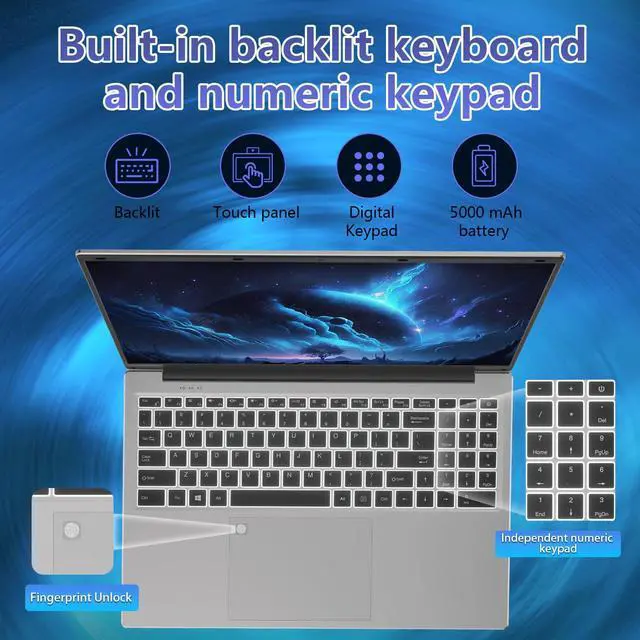 Alt view image 5 of 5 - Auusda 16" Traditional Laptop Computer, i3 Processor 16GB RAM 1TB SSD Silver Laptops Notebook with Backlit Keyboard, Fingerprint, WiFi 6 Bluetooth 5.3 Laptops for Students & Office USB-C Port