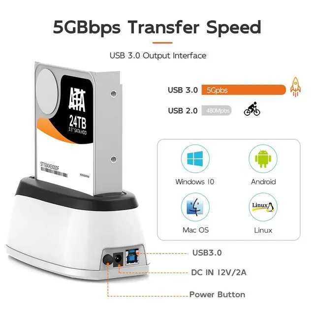 Alt view image 2 of 5 - MAIWO Hard Drive Docking Station for 2.5 3.5 Inch SATA HDD SSD, 24TB Capacity, 12V 2A Power Supply, USB 3.0 to External Hard Drive Adapter Reader Case
