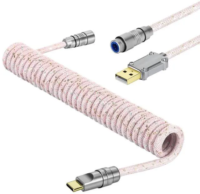 Main image of Yindiao MANBASNAKE C05 Custom Coiled Cable,Double-Sleeved Aviator Cable with CNC Copper, USB C to USB A Cable with Detachable Aviator Connector for Mechanical Gaming Keyboards/PC/Phone, 5.2ft-Pink