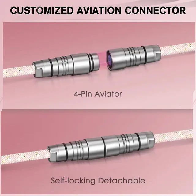 Alt view image 2 of 5 - Yindiao MANBASNAKE C05 Custom Coiled Cable,Double-Sleeved Aviator Cable with CNC Copper, USB C to USB A Cable with Detachable Aviator Connector for Mechanical Gaming Keyboards/PC/Phone, 5.2ft-Pink