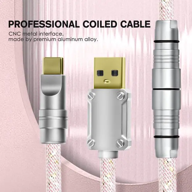 Alt view image 4 of 5 - Yindiao MANBASNAKE C05 Custom Coiled Cable,Double-Sleeved Aviator Cable with CNC Copper, USB C to USB A Cable with Detachable Aviator Connector for Mechanical Gaming Keyboards/PC/Phone, 5.2ft-Pink