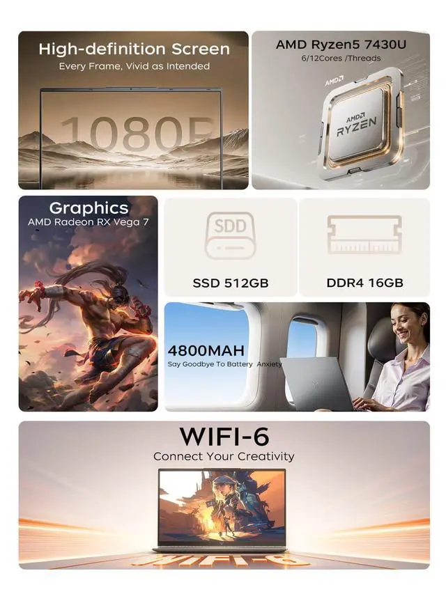 Alt view image 2 of 5 - KAIGERR Laptop, Laptop Computer AMD Ryzen 5 7430U,15.6-in IPS 16GB RAM 512GB NVMe SSD, Windows Laptop, WiFi 6, Numeric Keypad, Home Laptops Office Laptops, HDMI Type-C USB3.2 Webcam 3.5mm Audio