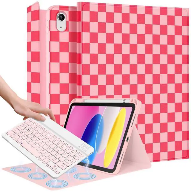 Main image of Wazzasoft for iPad 10th Generation Case with Keyboard - for iPad A16 Cases Pencil Holder 10.9 Inch Cover Women Girls Cute Girly Checkered Unique Design Funda for Apple Tablet 10th/11th gen