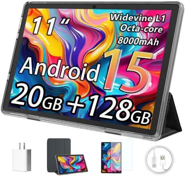 Main image of Tablet, 11-inch Android 15 tablets, 20GB+128GB+1TB expansion, Octa-core, 8000mAh large-capacity battery, 5G/2.4G WiFi6, GPS, Bluetooth 5.0, 5MP + 8MP dual cameras, Widevine L1, protective case - Black