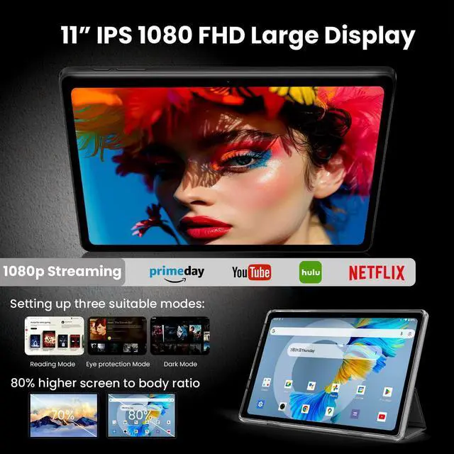 Alt view image 5 of 5 - Tablet, 11-inch Android 15 tablets, 20GB+128GB+1TB expansion, Octa-core, 8000mAh large-capacity battery, 5G/2.4G WiFi6, GPS, Bluetooth 5.0, 5MP + 8MP dual cameras, Widevine L1, protective case - Black