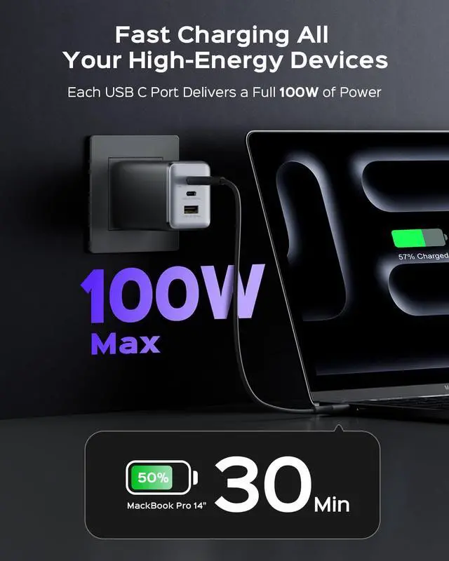 Alt view image 2 of 5 - wegear 100W USB C Charger Block, 3-Port Compact Foldable Power Adapter USB Wall Charger for MacBook Pro/Air, Dell XPS, iPad Pro, iPhone Series, Galaxy S25/S24, and More (Black)