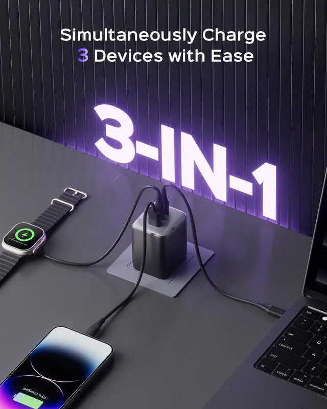 Alt view image 3 of 5 - wegear 100W USB C Charger Block, 3-Port Compact Foldable Power Adapter USB Wall Charger for MacBook Pro/Air, Dell XPS, iPad Pro, iPhone Series, Galaxy S25/S24, and More (Black)