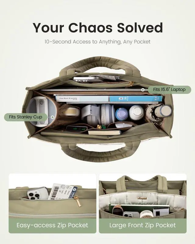 Alt view image 3 of 5 - LOVEVOOK Tote Bag for Women, Puffer Work Handbag 17 Inch Laptop Purse for Nurse Teacher, Large Quilted Travel Tote Shoulder Bag with Zipper for College Office Clinical Gym, Black