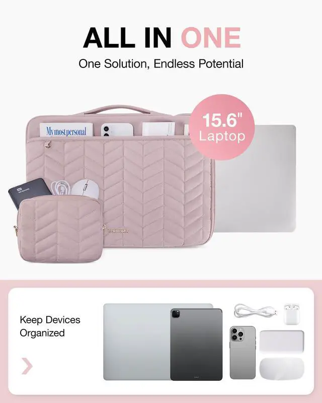 Alt view image 3 of 5 - BAGSMART 15-15.6 Inch Laptop Case Sleeve for Women, Puffy Shockproof Laptop Bag with Accessories Pouch and Handle, Lightweight Computer Case Compatible with Dell, HP, MacBook Air/Pro, Dusty Pink