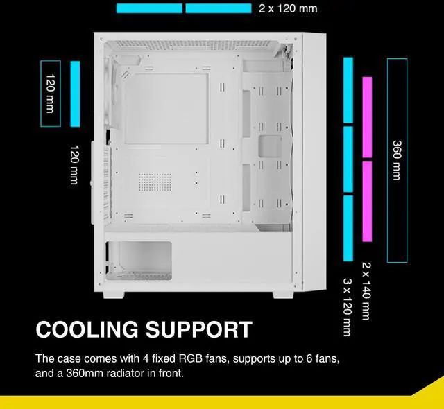 Alt view image 2 of 5 - GAMDIAS White ATX Mid Tower Gaming Computer PC Case with Side Tempered Glass, Preinstalled 4X 120mm ARGB Fans, Support Up to 6X 120mm Fans, 360mm AIO/Radiator, 340mm GPU/VGA, 160mm CPU Air Cooler
