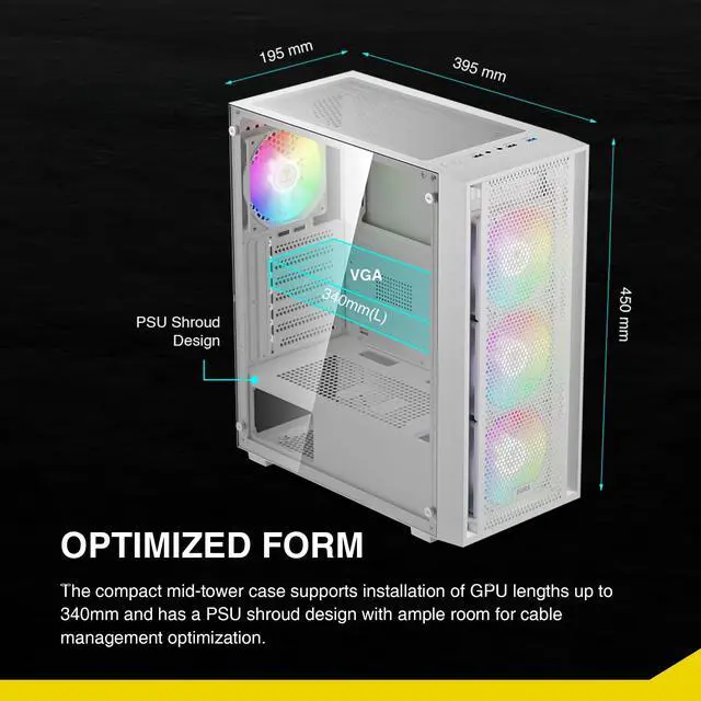 Alt view image 3 of 5 - GAMDIAS White ATX Mid Tower Gaming Computer PC Case with Side Tempered Glass, Preinstalled 4X 120mm ARGB Fans, Support Up to 6X 120mm Fans, 360mm AIO/Radiator, 340mm GPU/VGA, 160mm CPU Air Cooler