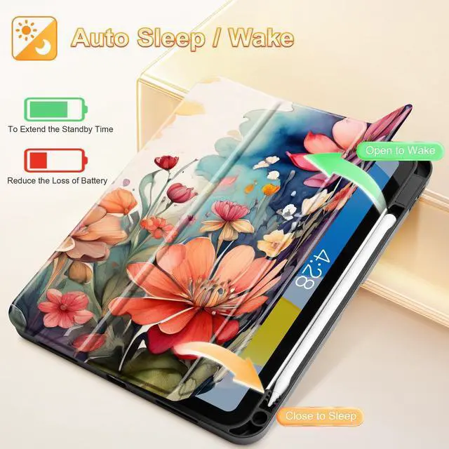 Alt view image 3 of 5 - Tuiklol Case for iPad 11 inch (A16 Chip) 2025 Generation 11th / iPad 10.9 inch 2022 10th Gen,Slim Stand Hard Case Pencil Holder with TPU Back Cover & Trifold Stand & Auto Wake/Sleep, Ration Flower
