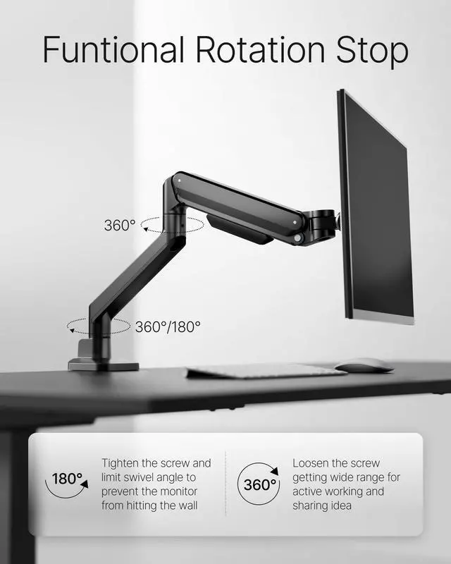 Alt view image 3 of 5 - monTEK Deluxe Monitor Arm for 17 to 40 Inch Curved Screens with Cable Management Aluminum Fully Adjustable Single Monitor Arm with Clamp/Grommet, Quick Release Plate,75x75/100x100 VESA,MA1008BK
