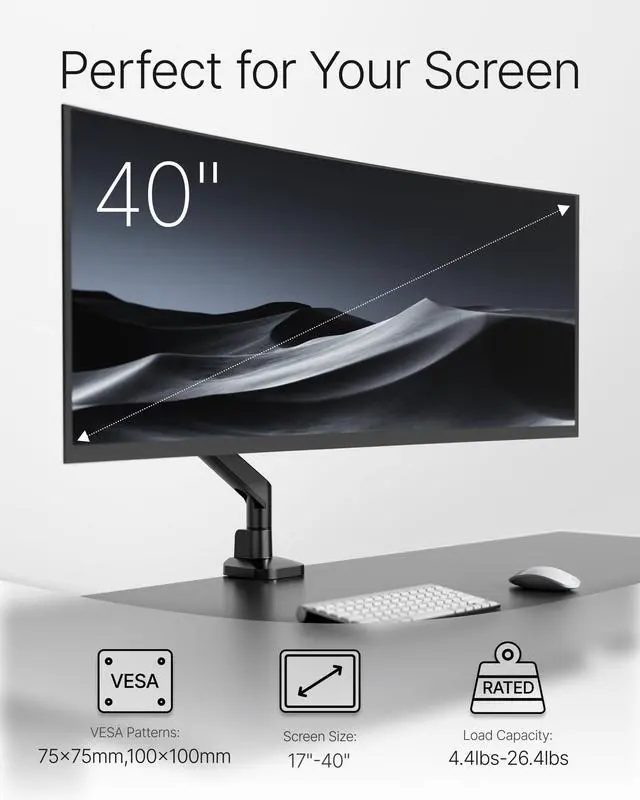 Alt view image 4 of 5 - monTEK Deluxe Monitor Arm for 17 to 40 Inch Curved Screens with Cable Management Aluminum Fully Adjustable Single Monitor Arm with Clamp/Grommet, Quick Release Plate,75x75/100x100 VESA,MA1008BK