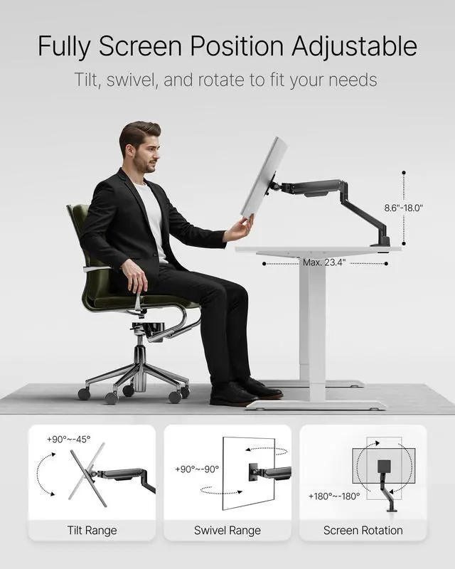 Alt view image 5 of 5 - monTEK Deluxe Monitor Arm for 17 to 40 Inch Curved Screens with Cable Management Aluminum Fully Adjustable Single Monitor Arm with Clamp/Grommet, Quick Release Plate,75x75/100x100 VESA,MA1008BK
