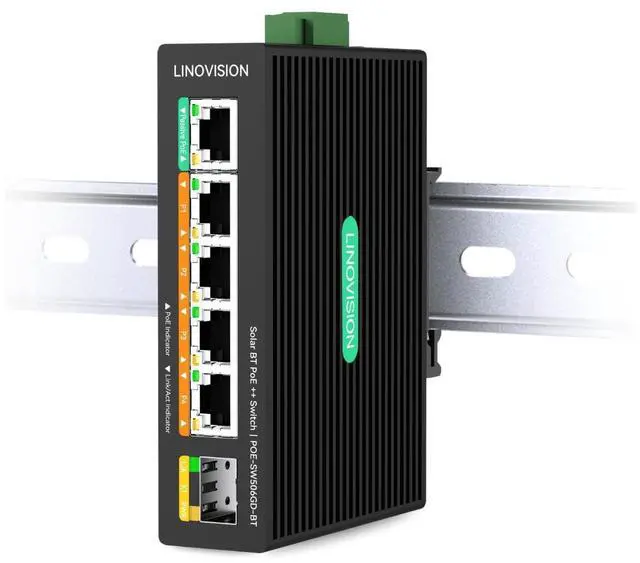Main image of LINOVISION Industrial 5 Ports Full Gigabit DC12V PoE++ Switch for Solar or RV UPS System, Supports DC 9~54V Input, 4 BT90W PoE++ Ports for PoE Lighting and 1 Passive 24V PoE Port for Access Points