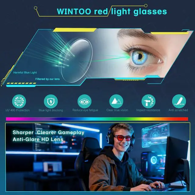 Alt view image 3 of 5 - WINTOO Red Lens Glasses Blue Light Glasses for Men Women - 99.9% Red Glasses Blue Light Blocking for Computer,Gaming,TV,Phone Screens - 2 Pair