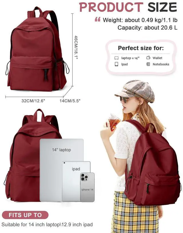 Alt view image 3 of 5 - SEAFEW Red Lightweight Basic Backpack for High School,College Bookbag for Womens,Travel Laptop Backpacks for Teen Girls,School Bag Casual Daypack
