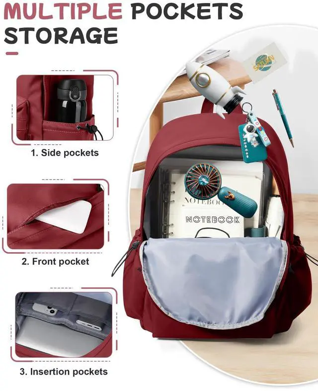 Alt view image 4 of 5 - SEAFEW Red Lightweight Basic Backpack for High School,College Bookbag for Womens,Travel Laptop Backpacks for Teen Girls,School Bag Casual Daypack