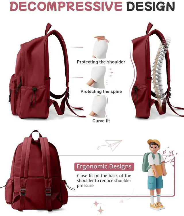 Alt view image 5 of 5 - SEAFEW Red Lightweight Basic Backpack for High School,College Bookbag for Womens,Travel Laptop Backpacks for Teen Girls,School Bag Casual Daypack