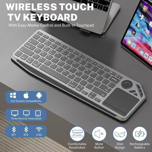 Alt view image 2 of 5 - Attoe Wireless Bluetooth Keyboard with Build-in Touchpad and Easy Media Control, Sync 3 Devices, 98 Silent Keys for Travel, PC, Mac, Tablet, Phone (Gray)