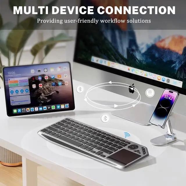 Alt view image 3 of 5 - Attoe Wireless Bluetooth Keyboard with Build-in Touchpad and Easy Media Control, Sync 3 Devices, 98 Silent Keys for Travel, PC, Mac, Tablet, Phone (Gray)