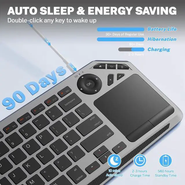 Alt view image 5 of 5 - Attoe Wireless Bluetooth Keyboard with Build-in Touchpad and Easy Media Control, Sync 3 Devices, 98 Silent Keys for Travel, PC, Mac, Tablet, Phone (Gray)