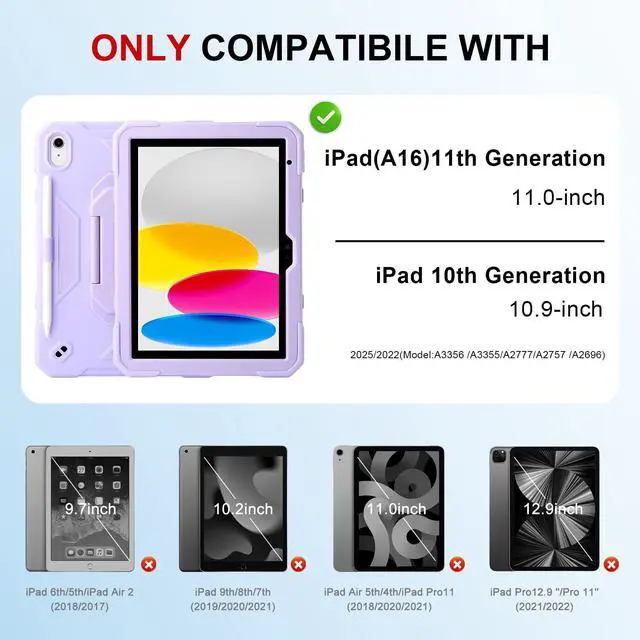 Alt view image 2 of 5 - Case for iPad 11th (A16) 11" 2025, iPad 10th Generation 10.9" 2022,Military Grade Shockproof iPad Case Built-in 360° Rotating Stand/Pen Slot/Shoulder Strap, for iPad 11th Gen/10th Gen (Light Purple)