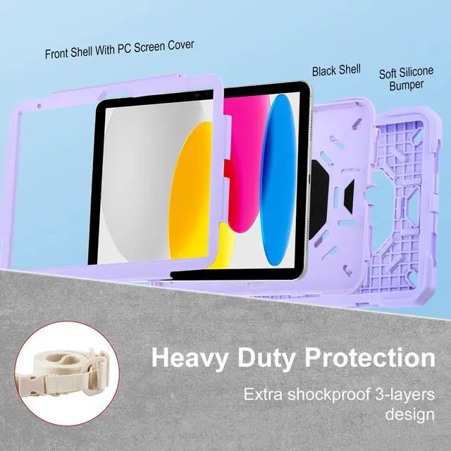 Alt view image 4 of 5 - Case for iPad 11th (A16) 11" 2025, iPad 10th Generation 10.9" 2022,Military Grade Shockproof iPad Case Built-in 360° Rotating Stand/Pen Slot/Shoulder Strap, for iPad 11th Gen/10th Gen (Light Purple)
