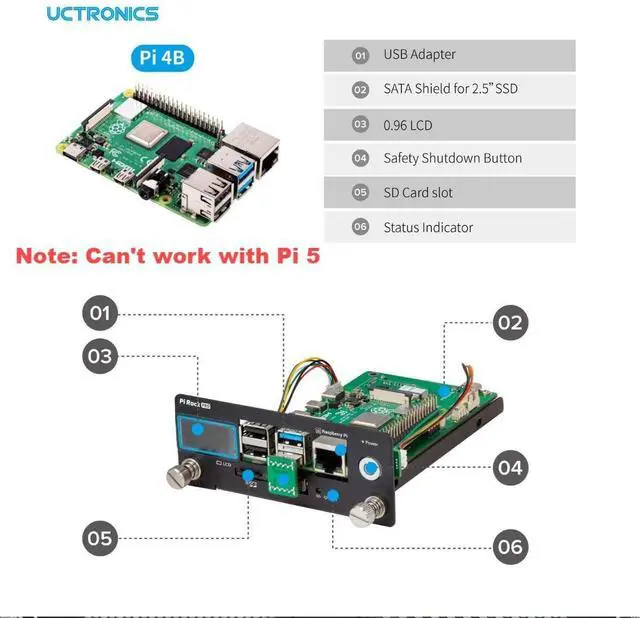 Alt view image 3 of 5 - UCTRONICS Pi Rack Pro for Raspberry Pi 4B, 19" 1U Rack Mount, Support for 4 2.5" SSDs, Secure Shutdown, 0.96" Color Display