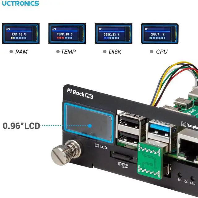 Alt view image 5 of 5 - UCTRONICS Pi Rack Pro for Raspberry Pi 4B, 19" 1U Rack Mount, Support for 4 2.5" SSDs, Secure Shutdown, 0.96" Color Display
