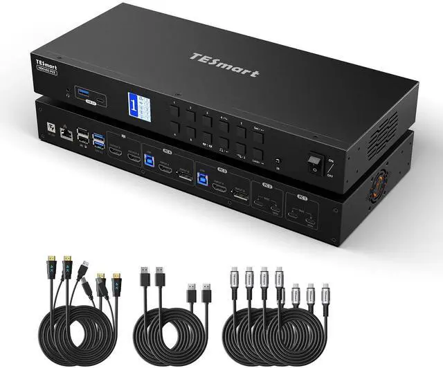 Main image of TESmart USB-C + HDMI + DP KVM Switch 4 Computers 2 Monitors 4K@60Hz, USB 3.0 KVM Switch Dual Monitor for Laptop&Desktop, EDID Emulation, Gigabit Network, Hotkey Switch, Input Cables