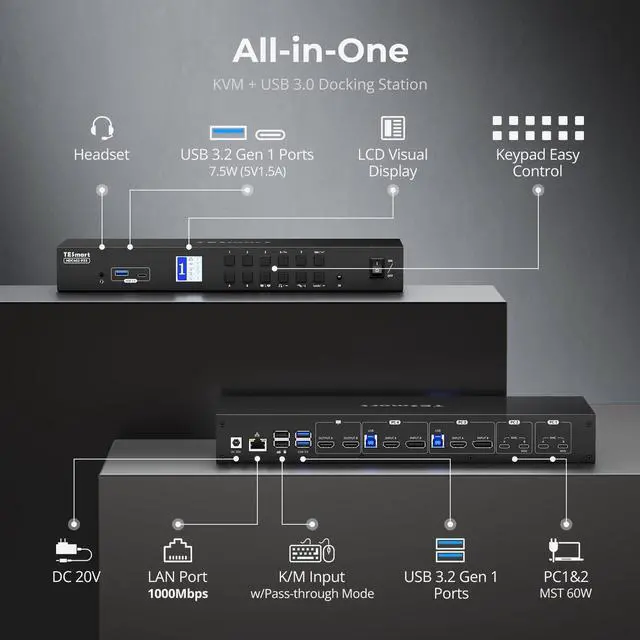 Alt view image 2 of 5 - TESmart USB-C + HDMI + DP KVM Switch 4 Computers 2 Monitors 4K@60Hz, USB 3.0 KVM Switch Dual Monitor for Laptop&Desktop, EDID Emulation, Gigabit Network, Hotkey Switch, Input Cables