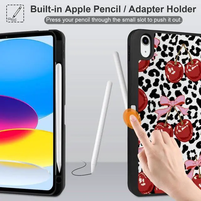 Alt view image 4 of 5 - MEEgoodo Case for iPad A16 11th Generation 11 inch 2025/iPad 10th Generation 10.9 inch 2022, Tablet Cover with Trifold Stand + Pencil Holder + Auto Wake/Sleep + Soft TPU Back Cover, Leopard & Cherry